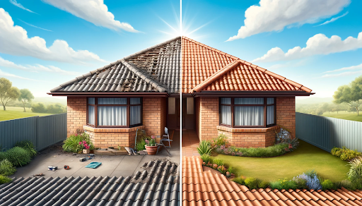 Roof repair professionals fixing a tiled roof in Brisbane under sunny weather conditions.