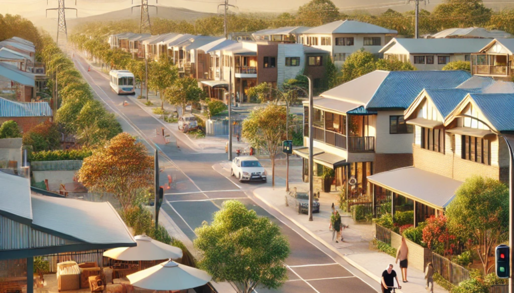 Aerial image of Mitchelton, with tree-lined streets and homes featuring tiled roofs.