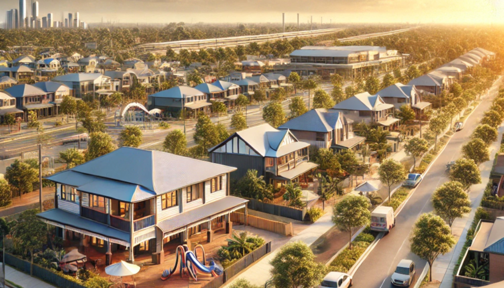 A view over Narangba, displaying family-friendly neighbourhoods with tiled roof homes.