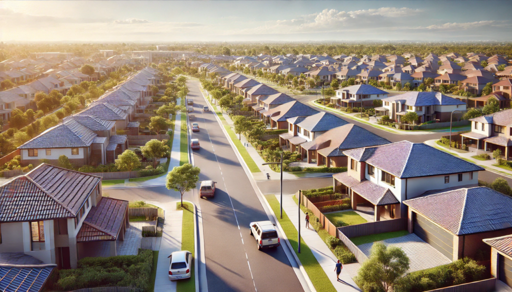 Aerial shot of Strathpine, showcasing homes with tiled roofing in a leafy suburban setting.