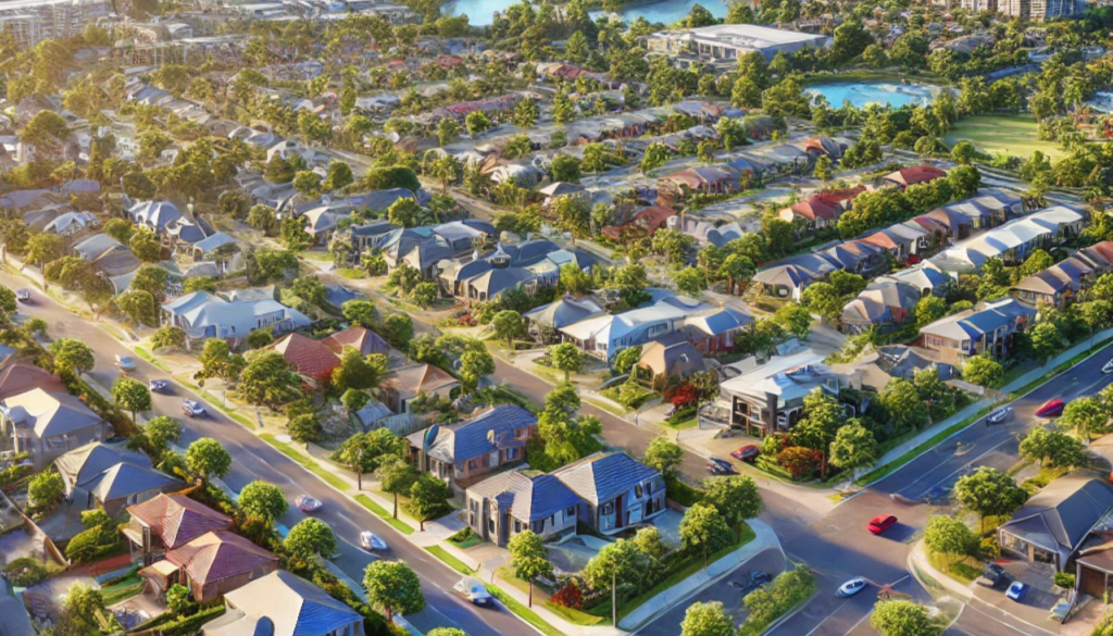 Aerial perspective of Wavell Heights, with tiled roofs standing out in the suburban landscape.