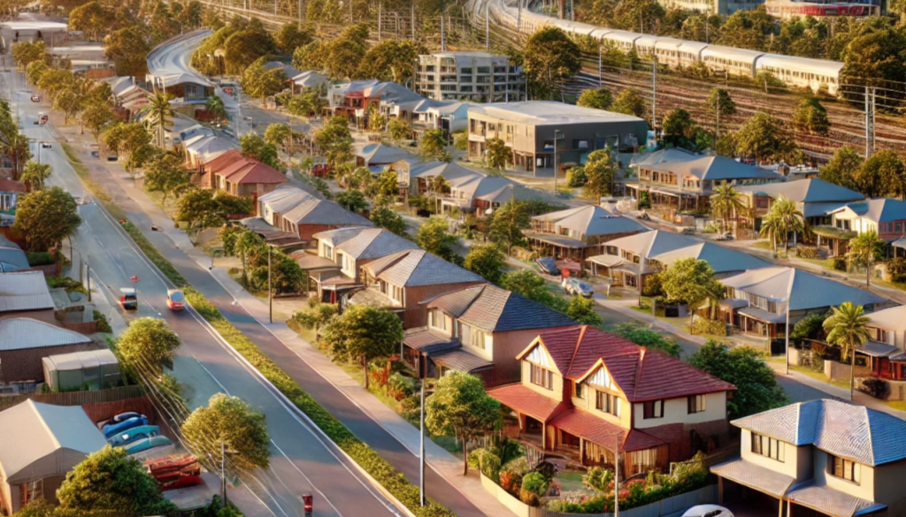 A wide-angle view of Zillmere, displaying a mix of tiled and metal roofing in the community.