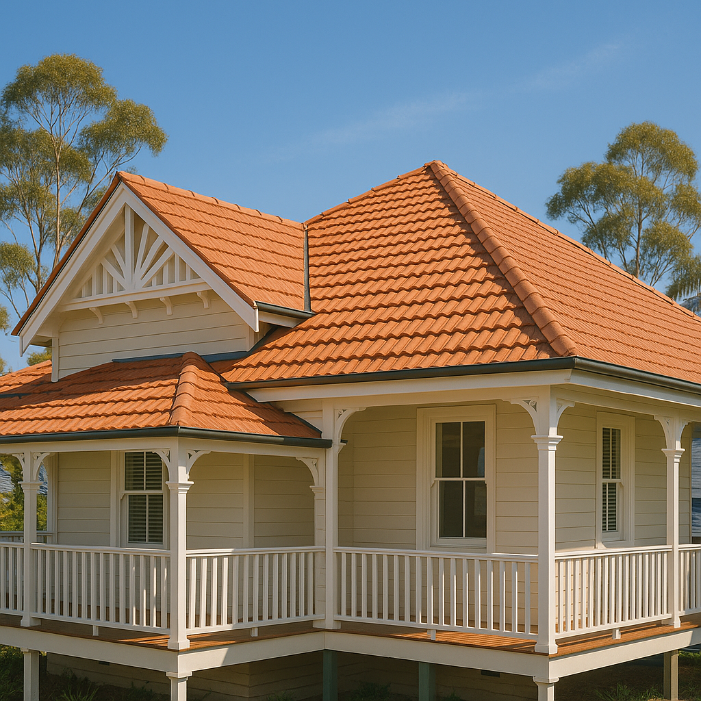 Tiled roof on a renovated Queenslander home in Brisbane with traditional ridge capping and gable detail