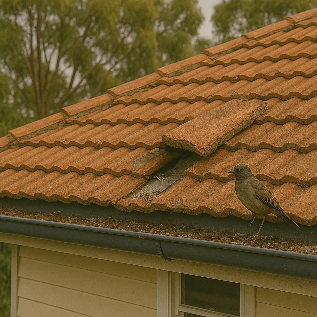 Tiled roof in Brisbane with ridge capping and overhanging tree branches, showing potential wildlife entry points