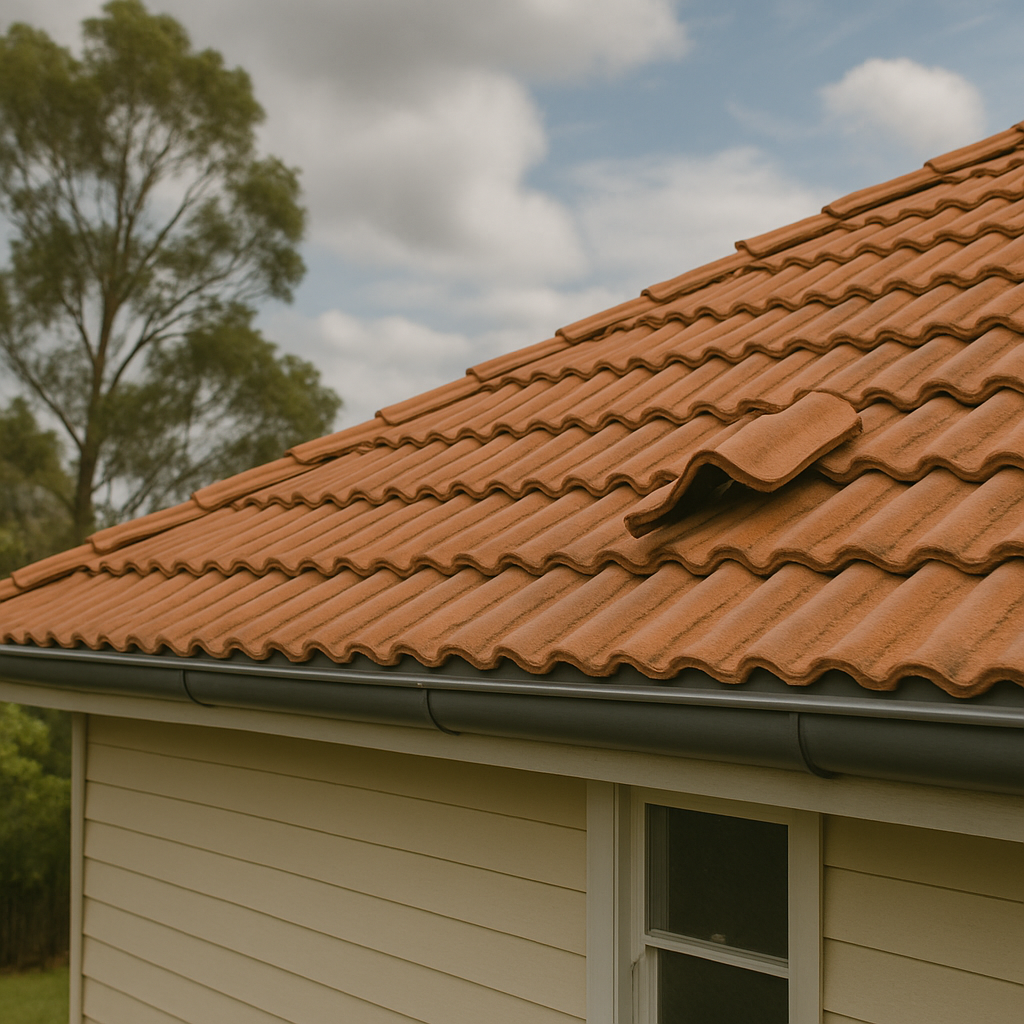 Close-up of tiled roof in Brisbane with ridge capping, showing how wind can lift loose tiles