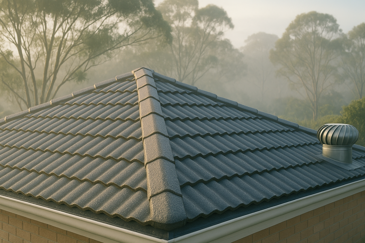 Modern tiled roof in Brisbane with ridge capping and roof vent, surrounded by morning mist and gum trees