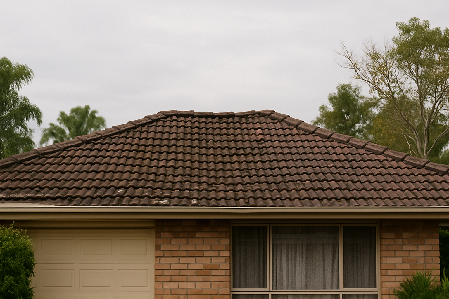 A Queensland-style suburban home with a visibly sagging tiled roof, showing cracked and worn tiles under an overcast sky, with surrounding trees in the background.