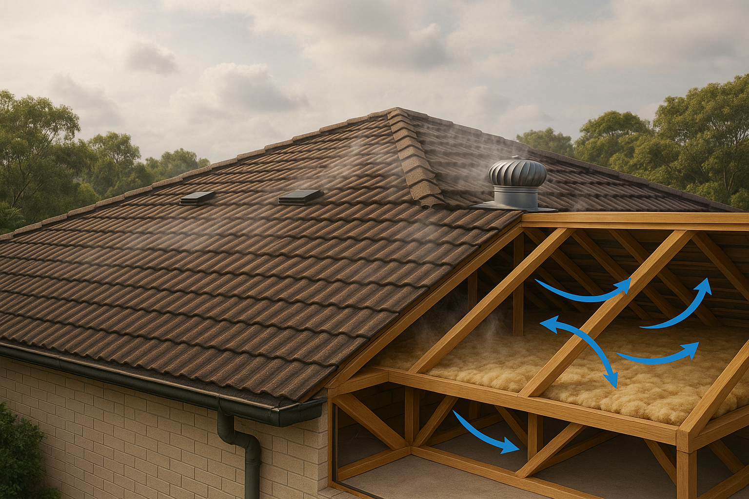 A tiled Queensland roof on a humid day with low-profile vents, steam rising from tiles, and a cutaway view of the roof cavity showing airflow, insulation, and timber trusses.