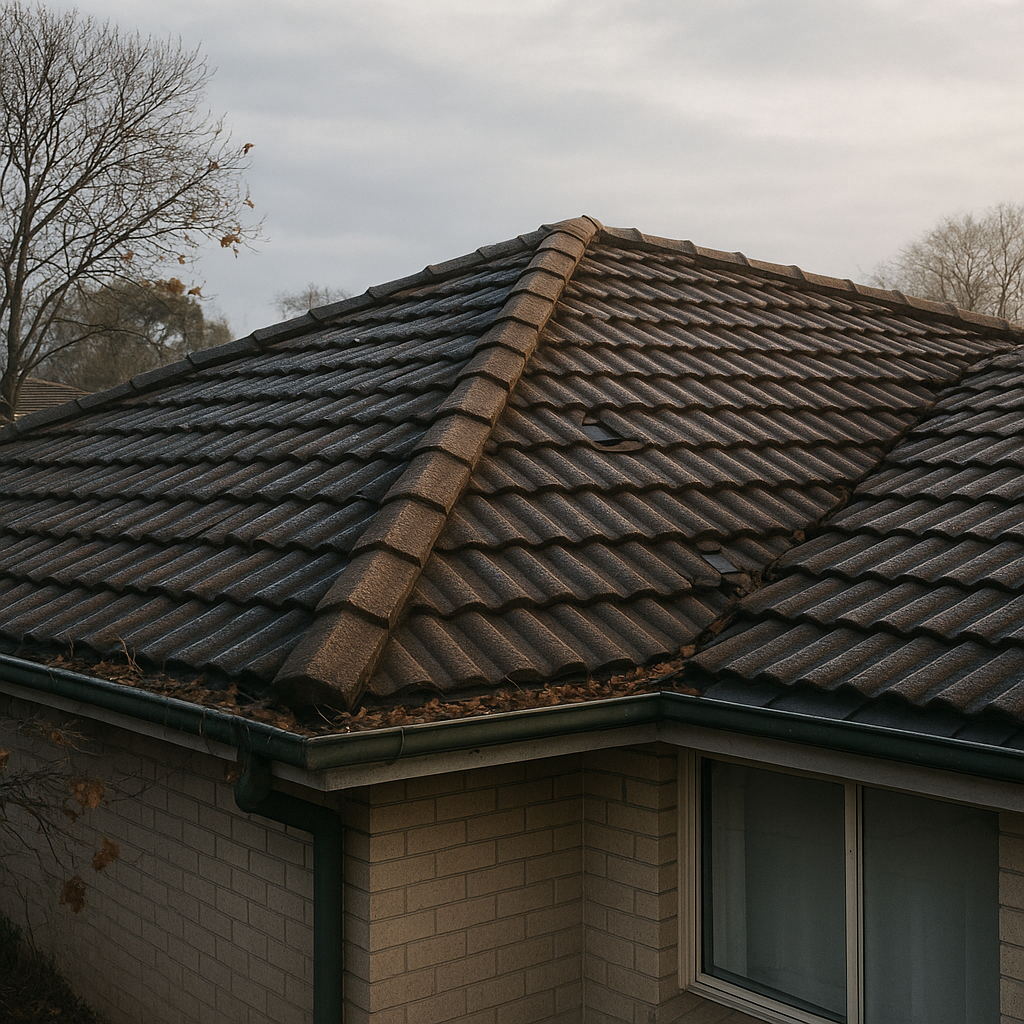 A suburban Queensland home with a tiled roof on a cold winter morning, showing dew on cracked tiles and a blocked roof valley filled with wet leaves.