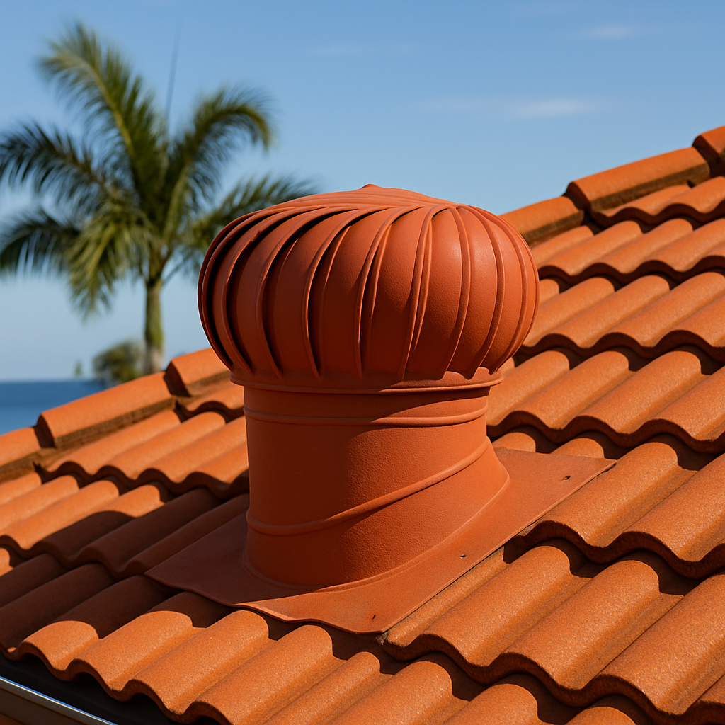 Whirlybird vent extracting hot air from a tiled roof cavity