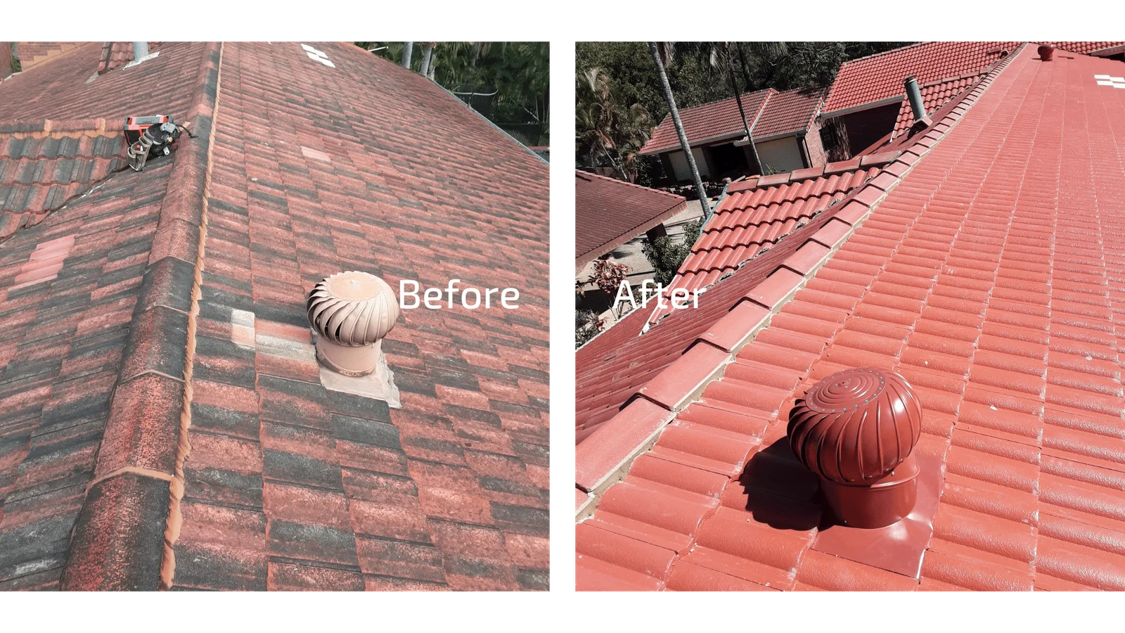 Before: Older tiled roof before upgrade on a Brisbane home Before and after of the same Brisbane home showing a roof transformation from weathered tiles to new terracotta tiles with a matching whirlybird vent