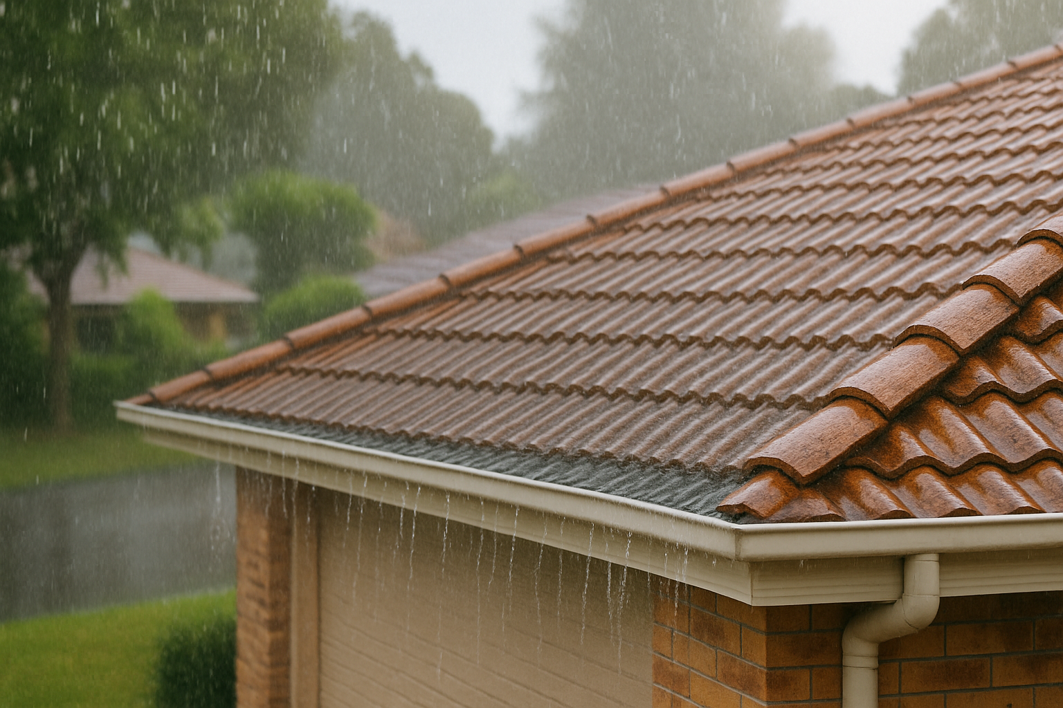 Tiled roof with clean gutters and valleys in Brisbane home after heavy rain maintenance
